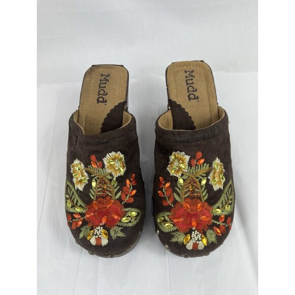 VTG Mudd Brown Suede Embroidered Clog Heels Boho Y2K Studded Platform Mules 8.5 - Picture 2 of 7